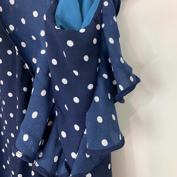 J Crew Size XS Printed Polka Dot‎ Flutter Sleeve Dress Navy Blue Ruffle J0841 - Picture 6 of 10